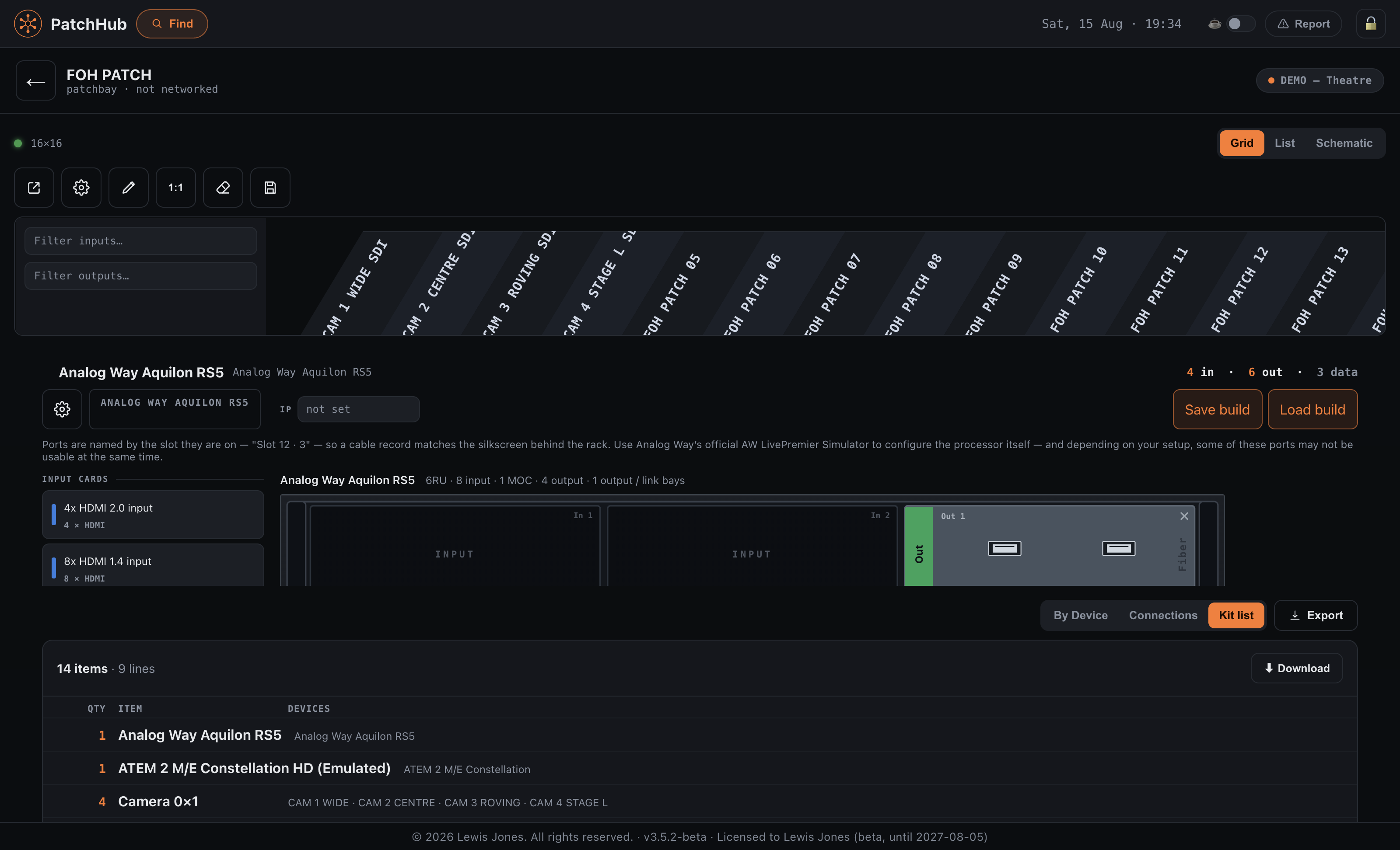 The kit list, generated from the rig: quantities against each model, with the device names that make up each line